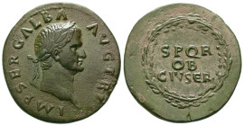 Galba, AD 68-69. AE, Sestertius. 12,03 g. 29.85 mm. Rome.
Obv: IMP SER GALBA AVG TR P. Head of Galba, oak-wreathed, right.
Rev: S P Q R O B CIV SER. L...