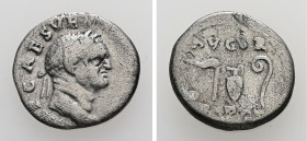 Vespasian, 69-79 AD. AR, Denarius. 2.84 g. 17.31 mm. Rome.
Obv: [IMP] CAES VES[P AVG P M COS IIII]. Head of Vespasian, laureate, right.
Rev: AVGVR [TR...