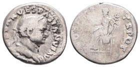 Vespasian, AD 69-79. AR, Denarius. 3.04 g. 17.60 mm. Rome.
Obv: [IMP CAE]SAR VESPASIANVS AVG. Head of Vespasian, laureate, right.
Rev: [COS ITER] TR P...