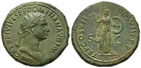 Domitian, AD 81-96. AE, Sestertius. 25.19 g. 34.59 mm. Rome.
Obv: IMP CAES DIVI VESP F DOMITIAN AVG P M. Laureate head of Domitian, right; with slight...