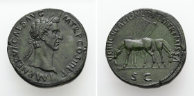 Nerva, AD 96-98. AE, Sestertius. 26.91 g. 34.26 mm. Rome.
Obv: IMP NERVA CAES AVG P M TR P COS III P P. Head of Nerva, laureate, right
Rev: VEHICVLA...