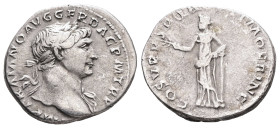 Trajan, AD 98-117. AR, Denarius. 3.05 g. 18.81 mm. Rome.
Obv: IMP TRAIANO AVG GER DAC P M TR P. Bust of Trajan, laureate, draped on left shoulder, rig...