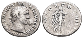 Trajan, AD 98-117. AR, Denarius. 3.17 g. 17.66 mm. Rome.
Obv: IMP CAES NERVA TRAIAN AVG GERM: Bust of Trajan, laureate, right; draped on left shoulder...