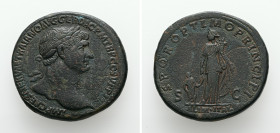 Trajan, AD 98-117. AE, Sestertius. 26.73 g. 33.60 mm. Rome.
Obv: IMP CAES NERVAE TRAIANO AVG GER DAC P M TR P COS V P P. Bust of Trajan, laureate, dr...