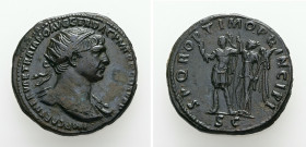 Trajan, AD 98-117. AE, Dupondius. 13.90 g. 27.82 mm. Rome.
Obv: IMP CAES NERVAE TRAIANO AVG GER DAC P M TR P COS V P P. Bust of Trajan, radiate, drap...