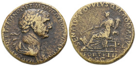 Trajan, AD 98-117. AE, Sestertius. 26.83 g. 32.75 mm. Rome.
Obv: IMP CAES NER TRAIANO OPTIMO AVG GER DAC P M TR P COS VI P P. Bust of Trajan, laureate...