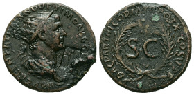 Trajan, AD 98-117. AE, Semis. 6.87 g. 23.18 mm. Rome, for use in Syria.
Obv: IMP CAES NER TRAIANO OPTIMO AVG G[ERM]. Head of Trajan, radiate, right.
R...