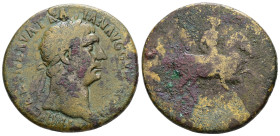 Trajan, AD 98-117. AE, Sestertius. 22.82 g. 34.20 mm. Rome.
Obv: IMP CAES NERVA TRAIAN AVG G[ERM P M]. Head of Trajan, laureate, right.
Rev: Legend il...