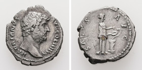 Hadrian, AD 117-138. AR, Denarius. 2.83 g. 18.92 mm. Rome.
Obv: HADRIANVS AVG COS III P P. Head of Hadrian, right.
Rev: SALVS AVG. Salus standing righ...