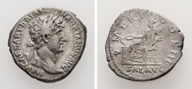 Hadrian, AD 117-138. AR, Denarius. 3.00 g. 18.37 mm. Rome.
Obv: IMP CAESAR TRAIAN HADRIANVS AVG. Head of Hadrian, laureate, right.
Rev: P M TR P COS I...