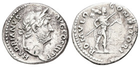 Hadrian, AD 117-138. AR, Denarius. 3.23 g. 18.03 mm. Rome.
Obv: HADRIANVS AVG COS III P P. Head of Hadrian, laureate, right.
Rev: ROMVLO CONDITORI. Ro...