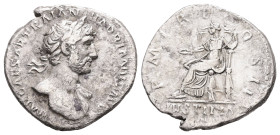 Hadrian, 117-138 AD. AR, Denarius. 3.05 g. 18.68 mm. Rome.
Obv: IMP CAES TRAIAN HADRIANO AVG DIVI TRA. Laureate head of Hadrian, right; wearing aegis ...