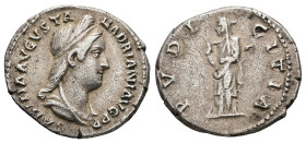 Sabina, AD 128-136/7. AR, Denarius. 3.36 g. 18.02 mm. Rome.
Obv: SABINA AVGVSTA HADRIANI AVG P P. Bust of Sabina, diademed, wearing stephane with hair...