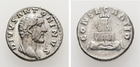 Divus Antoninus Pius, AD 161 Died. AR, Denarius. 2.81 g. 16.97 mm. Rome.
Obv: DIVVS ANTONINVS. Head of Antoninus Pius, bare, drapery on left shoulder,...