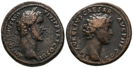 Antoninus Pius with Marcus Aurelius, AD 138-161. AE, Sestertius. 27.73 g. 36.11 mm. Rome.
Obv: ANTONINVS AVG PIVS P P TR P COS III. Head of Antoninus...