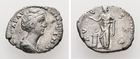 Diva Faustina, died AD 140/1. AR, Denarius. 2.34 g. 18.21 mm. Rome.
Obv: DIVA FAVSTINA. Bust of Faustina I, draped, right, hair elaborately waved in s...