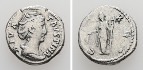 Diva Faustina, Died AD 140/1. AR, Denarius. 3.00 g. 17.28 mm. Rome.
Obv: DIVA FAVSTINA. Bust of Faustina I, draped, right, hair elaborately waved in s...