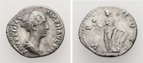 Faustina II, AD 147-175. AR, Denarius. 2.63 g. 18.64 mm. Rome.
Obv: FAVSTINAE AVG PII AVG FIL. Bust of Faustina the Younger, band of pearls round head...