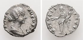 Faustina II, AD 147-175. AR, Denarius. 3.18 g. 16.40 mm. Rome.
Obv: FAVSTINA AVGVSTI. Bust of Faustina the Younger, bare-headed, with hair waived and ...