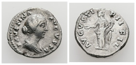 Faustina II, AD 147-175. AR, Denarius. 3.26 g. 17.34 mm. Rome.
Obv: FAVSTINA AVGVSTA. Bust of Faustina the Younger, bare-headed, with hair waived and ...