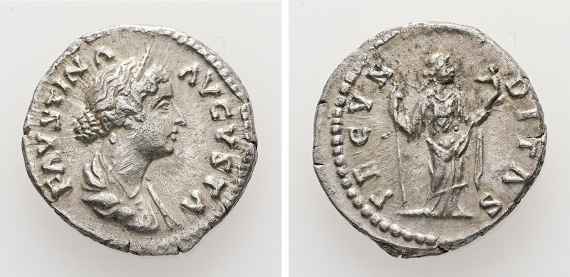 Faustina II, AD 147-175. AR, Denarius. 3.26 g. 19.04 mm. Rome.
Obv: FAVSTINA AVG...