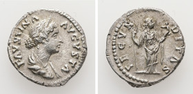 Faustina II, AD 147-175. AR, Denarius. 3.26 g. 19.04 mm. Rome.
Obv: FAVSTINA AVGVSTA. Bust of Faustina II, bare-headed, hair waved and fastened in a b...