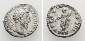 Marcus Aurelius, 161-180 AD. AR, Denarius. 2.98 g. 17.71 mm. Rome.
Obv: M ANTONINVS AVG ARM PARTH MAX. Head of Marcus Aurelius, laureate, right.
Rev: ...