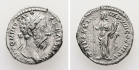 Marcus Aurelius, AD 161-180. AR, Denarius. 3.01 g. 18.75 mm. Rome.
Obv: M ANTONINVS AVG GERM SARM. Head of Marcus Aurelius, laureate, right.
Rev: TR P...