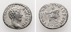 Marcus Aurelius, AD 161-180. AR, Denarius. 2.35 g. 18.29 mm. Rome.
Obv: M ANTONINVS AVG IMP II. Head of Marcus Aurelius, bare, right.
Rev: CONCORD AVG...