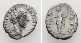 Marcus Aurelius, AD 161-180. AR, Denarius. 2.58 g. 19.05 mm. Rome.
Obv: AVRELIVS CAES ANTON AVG PII F. Head of Marcus Aurelius, bare, right.
Rev: TR P...