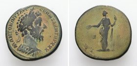 Marcus Aurelius, AD 161-180. AE, Sestertius. 21.76 g. 31.92 mm. Rome.
Obv: M ANTONINVS AVG GERM SARM TR P XXX. Head of Marcus Aurelius, laureate, rig...