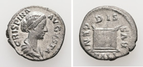 Crispina, AD 178-182. AR, Denarius. 2.75 g. 17.76 mm. Rome.
Obv: CRISPINA AVGVSTA. Bust of Crispina, draped, hair in round coil at back, right.
Rev: D...