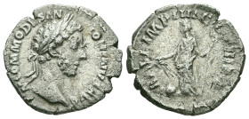 Commodus, AD 177-192 AR, Denarius. 2.76 g. 19.48 mm. Rome.
Obv: M COMMODVS ANTONINVS AVG. Laureate and bearded head of Commodus, right.
Rev: […] IMP I...