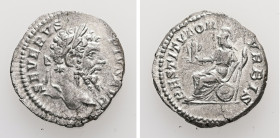 Septimius Severus, AD 193-211. AR, Denarius. 2.55 g. 19.22 mm. Rome.
Obv: SEVERVS PIVS AVG. Head of Septimius Severus, laureate, right.
Rev: RESTITVTO...