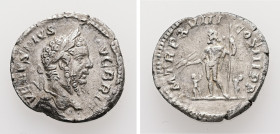 Septimius Severus, 193-211 AD. AR, Denarius. 2.32 g. 18.42 mm. Rome.
Obv: SEVERVS PIVS AVG BRIT. Head of Septimius Severus, laureate, right.
Rev: P M ...