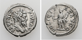 Septimius Severus, AD 193-211. AR, Denarius. 2.01 g. 19.00 mm. Rome.
Obv: SEVERVS PIVS AVG. Head of Septimius Severus, laureate, right.
Rev: FELICITAS...