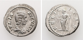 Julia Domna, AD 193-217. AR, Denarius. 2.82 g. 19.26 mm. Rome.
Obv: IVLIA AVGVSTA. Bust of Julia Domna, hair waved and coiled at back, draped, right.
...