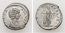 Julia Domna, AD 193-217. AR, Denarius. 2.16 g. 17.97 mm. Rome.
Obv: IVLIA AVGVSTA. Bust of Julia Domna, hair waved and coiled at back, draped, right.
...