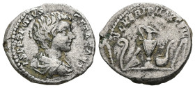 Geta as Caesar, AD 198-209. AR, Denarius. 3.64 g. 17.60 mm. Laodicea.
Obv: P SEPTIMIVS GETA CAES. Bust of Geta, bare-headed, draped, cuirassed, right....