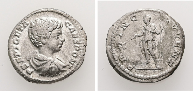 Geta as Caesar, AD 198-209. AR, Denarius. 2.57 g. 18.73 mm. Rome.
Obv: P SEPT GE...