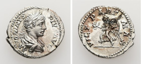 Caracalla, AD 198-217. AR, Denarius. 3.71 g. 20.31 mm. Rome.
Obv: ANTONINVS PIVS AVG. Bust of Caracalla, laureate, draped, right.
Rev: VICT PART MAX. ...