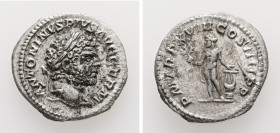 Caracalla, AD 198-217. AR, Denarius. 2.30 g. 19.43 mm. Rome.
Obv: ANTONINVS PIVS AVG GERM. Head of Caracalla, laureate, right.
Rev: P M TR P XVIII COS...