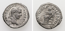 Caracalla, AD 198-217. AR, Denarius. 2.36 g. 18.79 mm. Rome.
Obv: ANTONINVS PIVS AVG. Head of Caracalla, laureate, bearded, right.
Rev: PONTIF TR P XI...