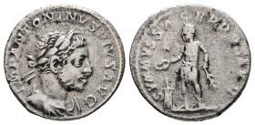 Elagabalus, AD 218-222. AR, Denarius. 2.39 g. 18.11 mm. Rome.
Obv: IMP ANTONINVS PIVS AVG. Bust of Elagabalus, horned, laureate, draped, right.
Rev: S...