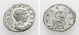 Julia Maesa, AD 218-225. AR, Denarius. 2.27 g. 19.53 mm. Rome.
Obv: IVLIA MAESA AVG. Bust of Julia Maesa, hair waved and turned up low at the back, dr...