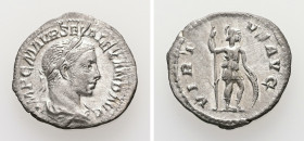 Severus Alexander, AD 222-235. AR, Denarius. 1.61 g. 19.69 mm. Rome.
Obv: IMP C M AVR SEV ALEXAND AVG. Bust of Severus Alexander, laureate, draped, ri...