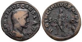 Maximus as Caesar, AD 235/6-238. AE, Sestertius. 19.79 g. 32.17 mm. Rome.
Obv: MAXIMVS CAES GERM. Bust of Maximus, bare-headed, draped, right.
Rev: PR...