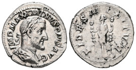 Maximinus Thrax, AD 235-238. AR, Denarius. 3.08 g. 19.68 mm. Rome.
Obv: IMP MAXIMINVS PIVS AVG. Bust of Maximinus I, laureate, draped, cuirassed, righ...