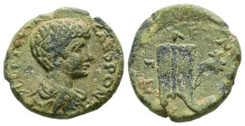 Thrace, Coela. Geta, AD 209-211. AE. 4.88 g. 18.03 mm.
Obv: Laureate, draped, cuirassed bust of Geta, right.
Rev: AEL MVNI COEL. Prow right, cornucopi...