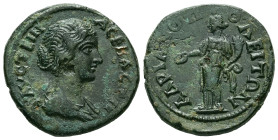 Thrace, Hadrianopolis. Faustina II, AD 161-175. AE. 6.16 g. 23.26 mm.
Obv: ΦAYCTEINA CEBACTH. Diademed and draped bust of Faustina II, right.
Rev: AΔΡ...